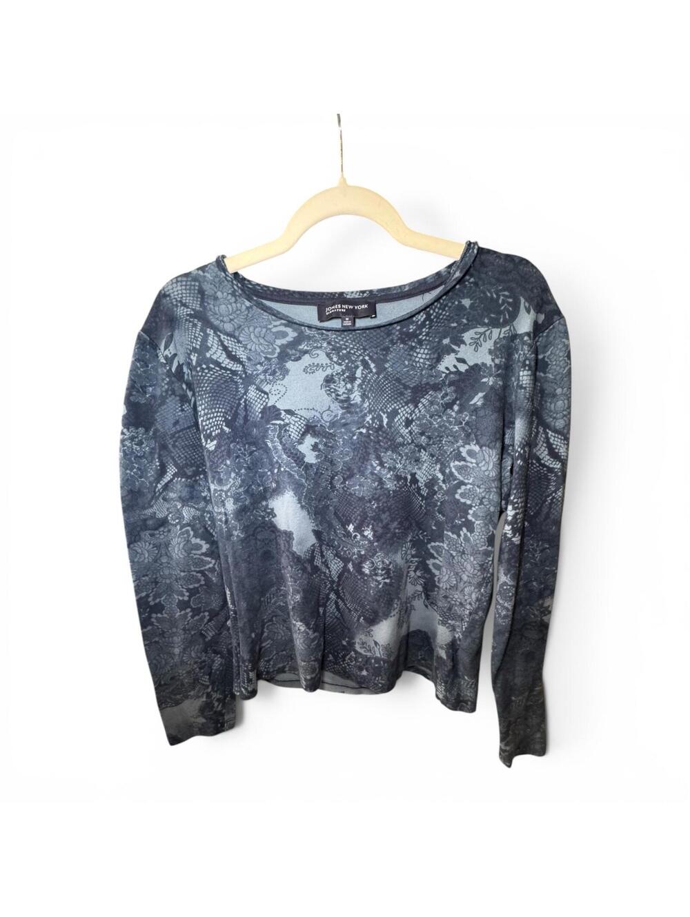 Jones New York Size Medium Cotton Long Sleeve Paisley Blouse Blue Floral GC